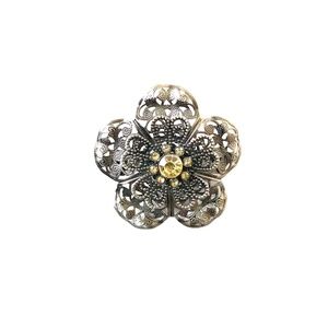 Antique Silver Tone Floral Barrette With Crystal Accents